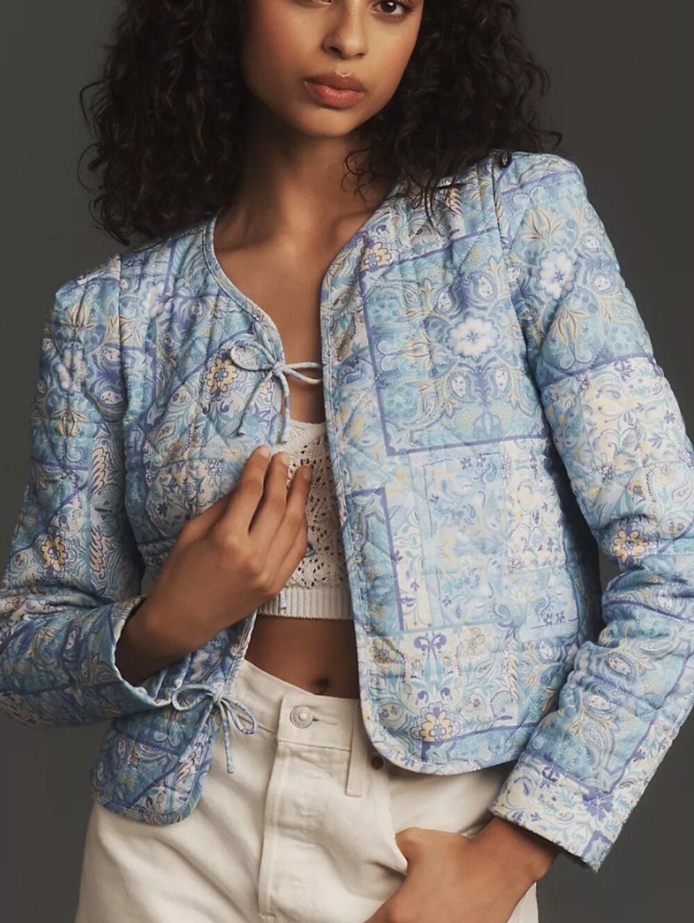 DOLAN Bow-Front Linen Quilted Lady Jacket Size Small